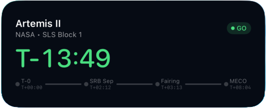 Live Activity showing Artemis II countdown with mission milestones