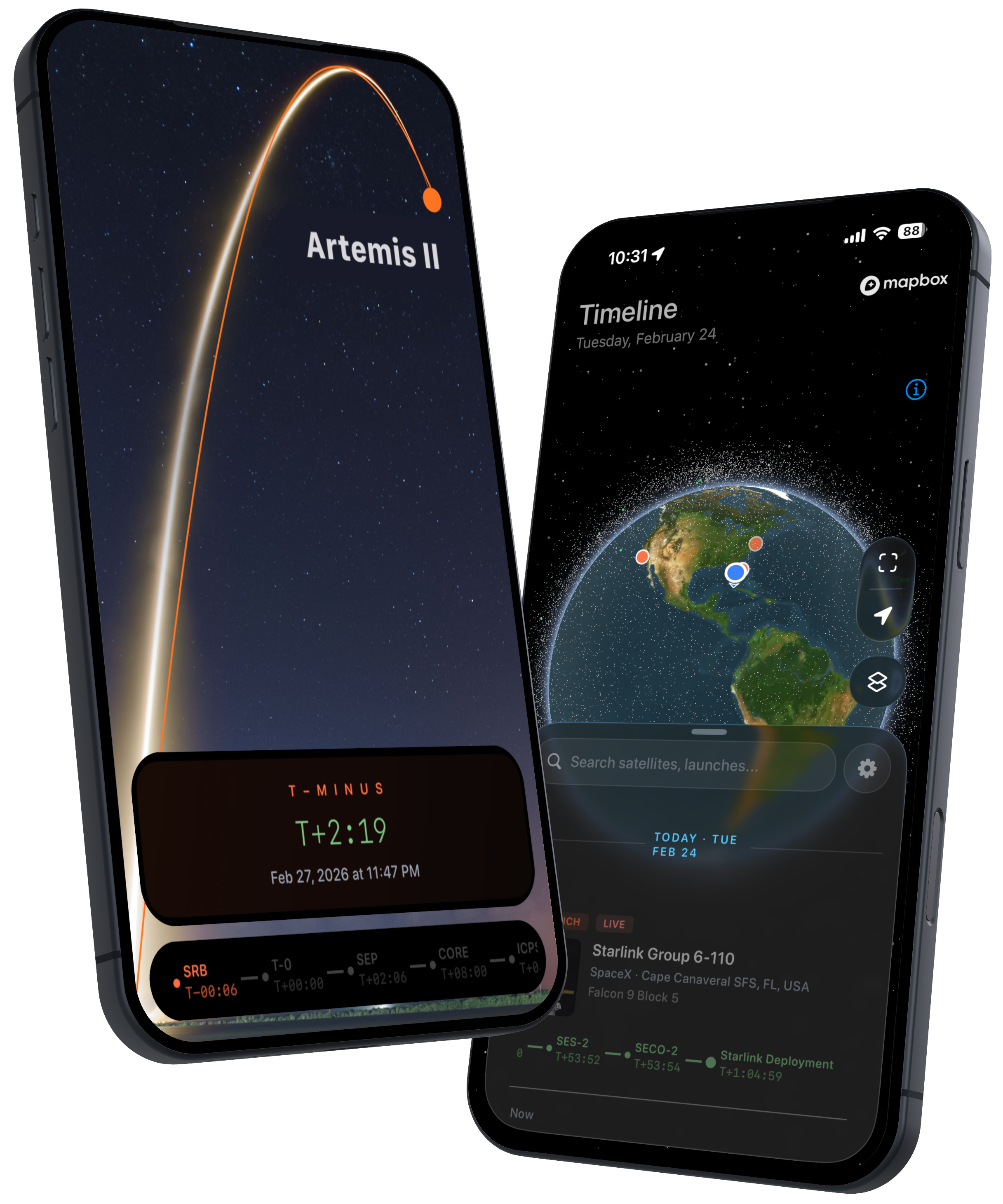 Flyby app showing Artemis II launch trajectory and 3D globe timeline