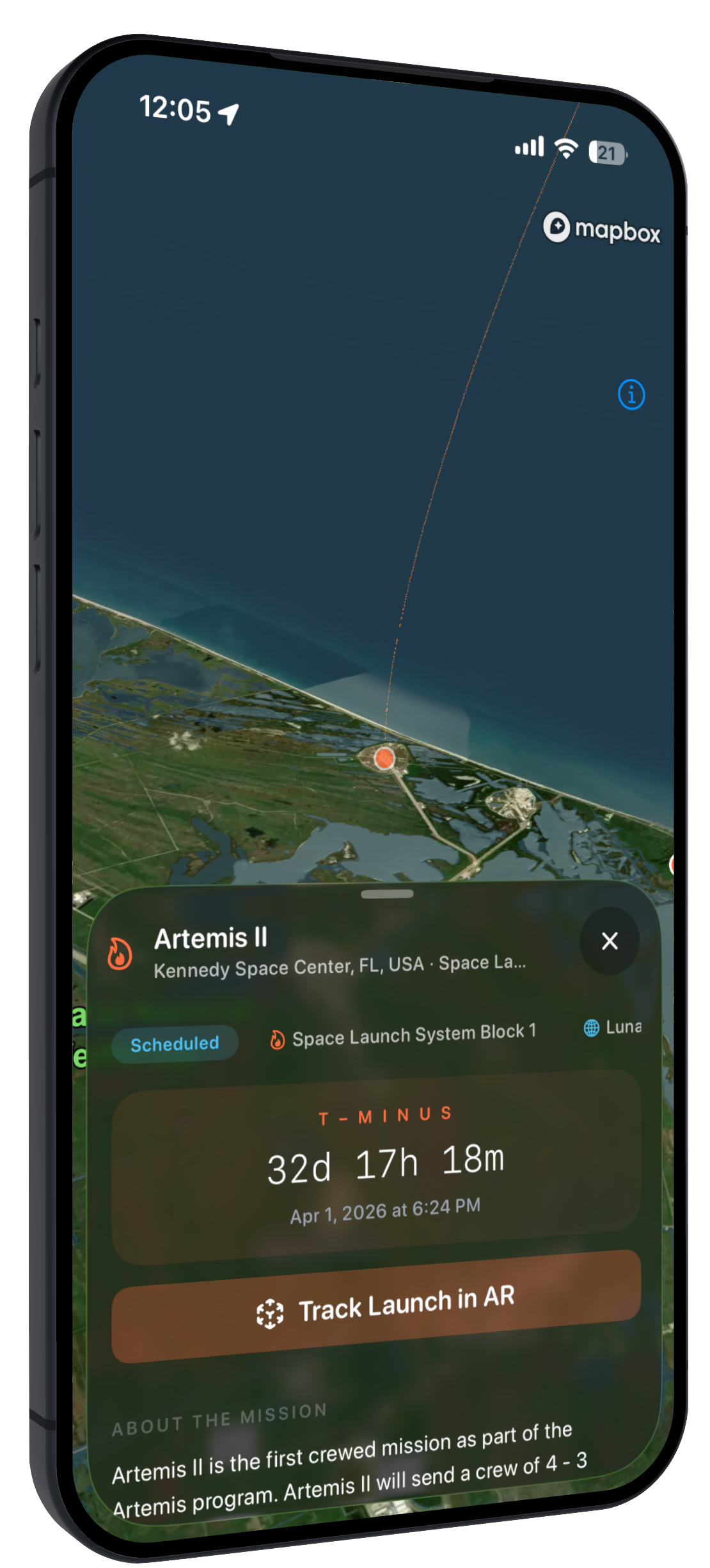 Artemis II launch detail with countdown and Track Launch in AR