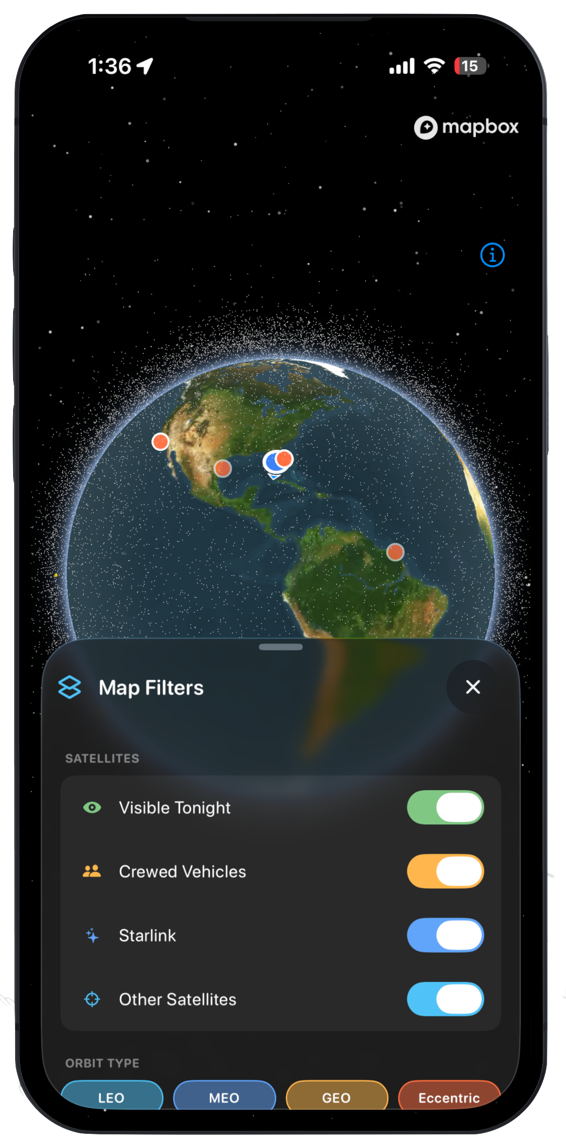 3D globe with map filters for satellites, Starlink, and orbit types