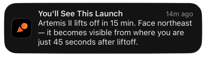 Notification: You'll see this launch — Artemis II lifts off in 15 min